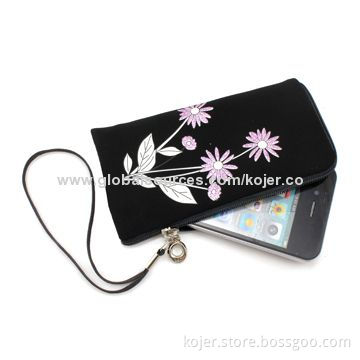 Black Velvet Zipper Pouch for iPhone 4 with Lanyard, Comes in Various Beautiful Patterns